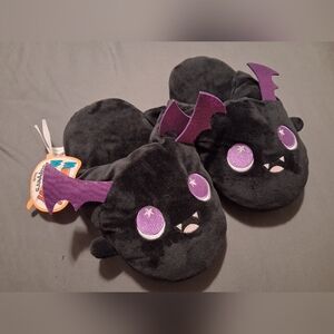 Youth Black Bat Plush Slippers with Purple Accents